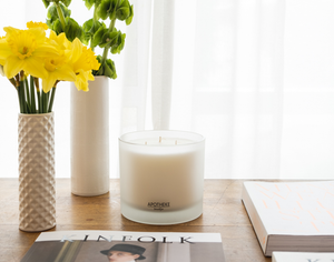 Apotheke Amber Woods 3-wick 32oz candle. Decorated room with kinfolk books 2 plants in white vases, on wooden table top with white drapes in the background.