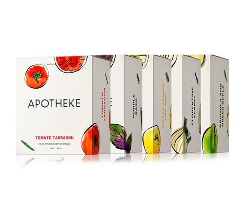 Apotheke market collection candles bundle. Tomato tarragon, purple basil, meyer lemon and mint, florentine fennel, and arugula green apple candles lined up diagonally in white background.